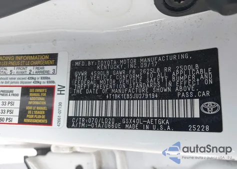 2018 Toyota Avalon Xle из США, поврежденный, VIN 4T1BK1EB5JU279194